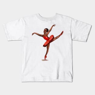 Ballet in red pointe shoes 4 - ballerina doing pirouette in red tutu and red shoes  - brown skin ballerina Kids T-Shirt